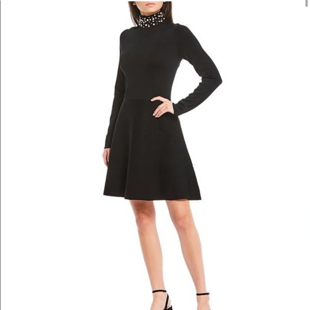 NWT Eliza J pearl mock neckline fit and flare black long sleeve dress